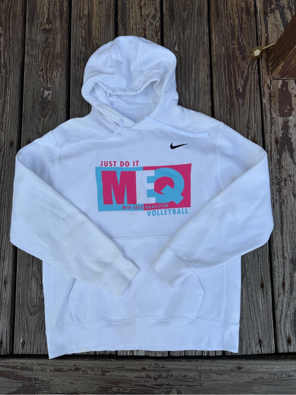 Nike White Crewneck Hoodie with Pink & Teal MEQ Volleyball Graphic